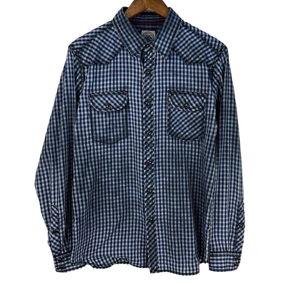 Freedom‎ FOUNDRY GINGHAM LONG SLEEVE BUTTON UP WESTERN SHIRT NAVY MULTI MEDIUM
